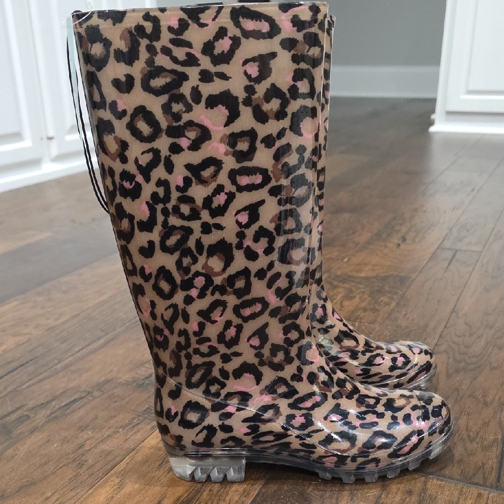 Magellan Outdoors Leopard Print Rain Boots in Tan, Black & Pink